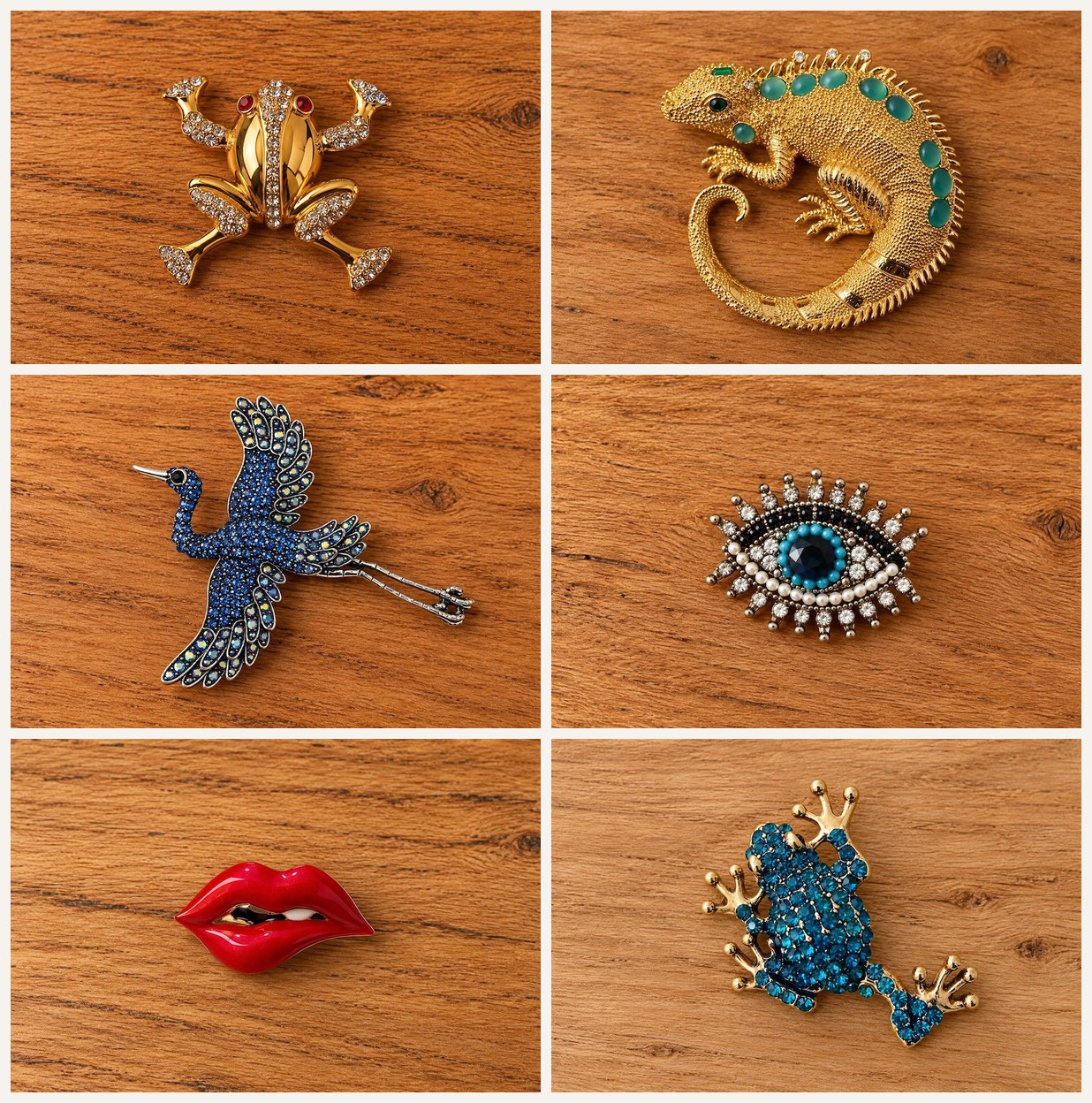 Les broches de la sélection Les Singulières&nbsp;: grenouilles, iguane, oiseau, œil et bouche